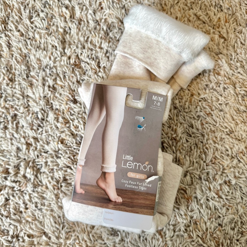 Little Lemon - Girl’s (M, Sz 7-8) Beige Winter Faux Fur Lined Leggings, Bottoms